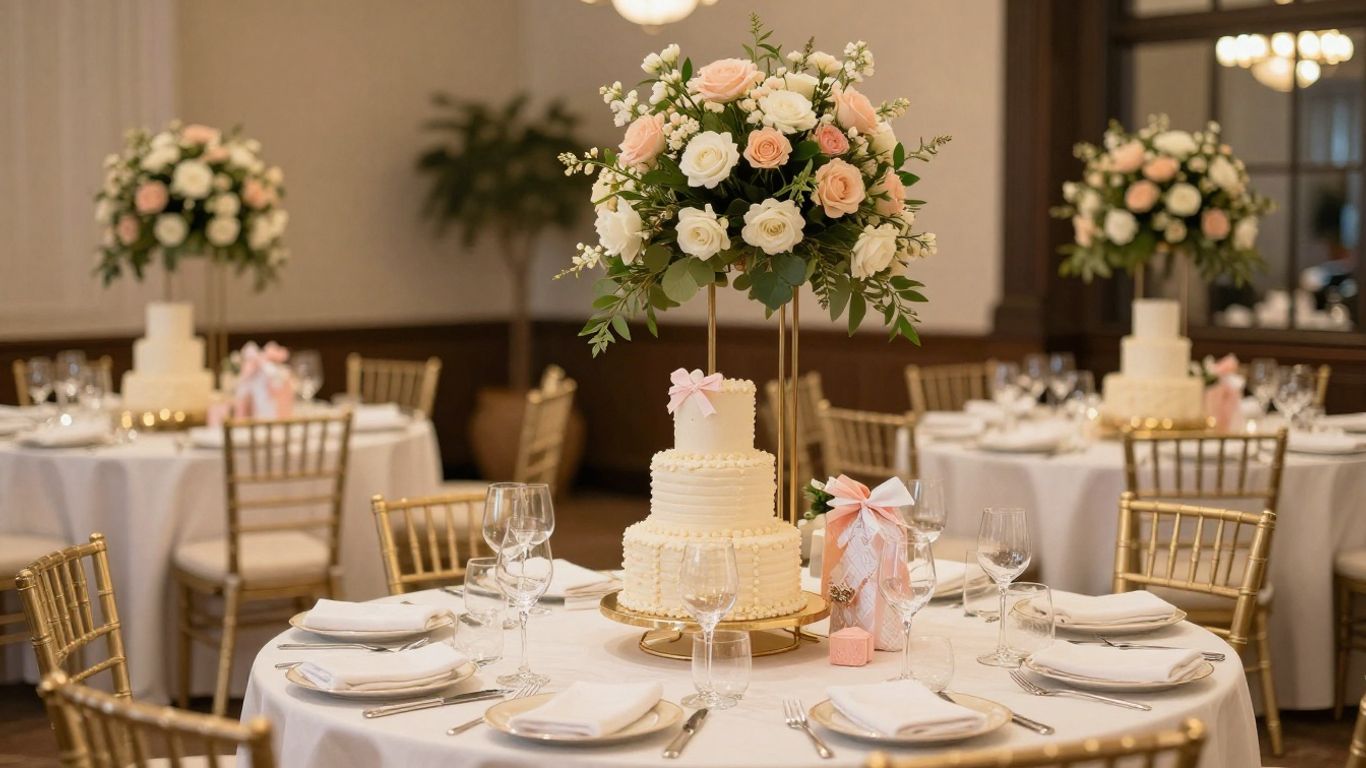 Elegant baby shower venue with floral decor and gifts.