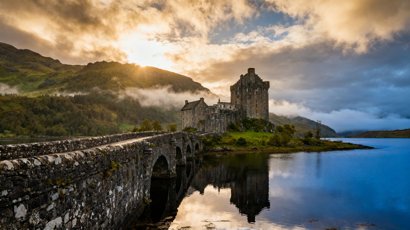 Scottish castle by a loch with mountains.