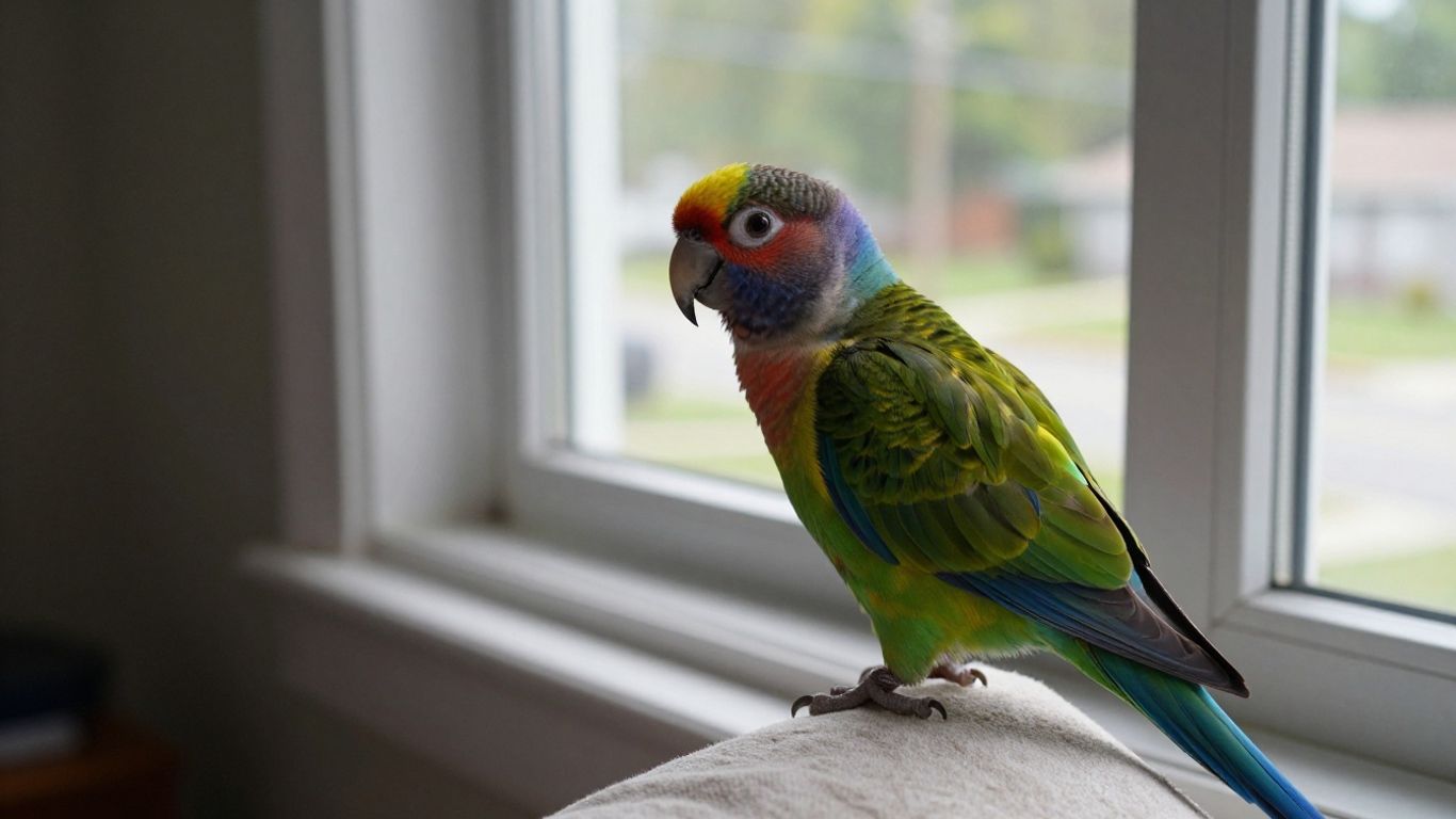 Bunter Papagei am Fenster blickt auf ruhige Nachbarschaft