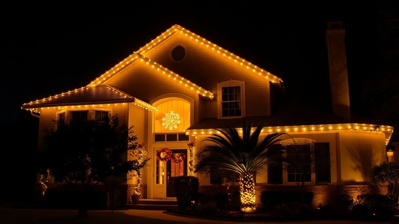 Austin house with permanent Christmas lights glowing at night.