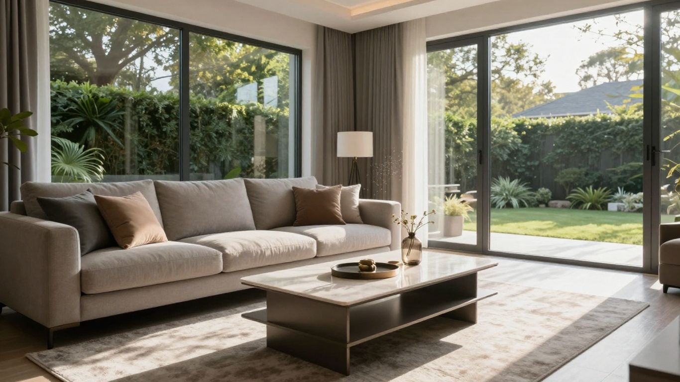 Sala de estar luminosa con sofá cómodo y jardín verde.