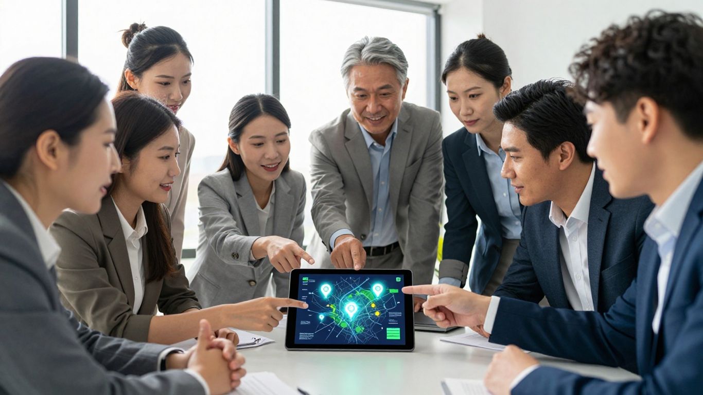 Business people planning local marketing strategy on a tablet.
