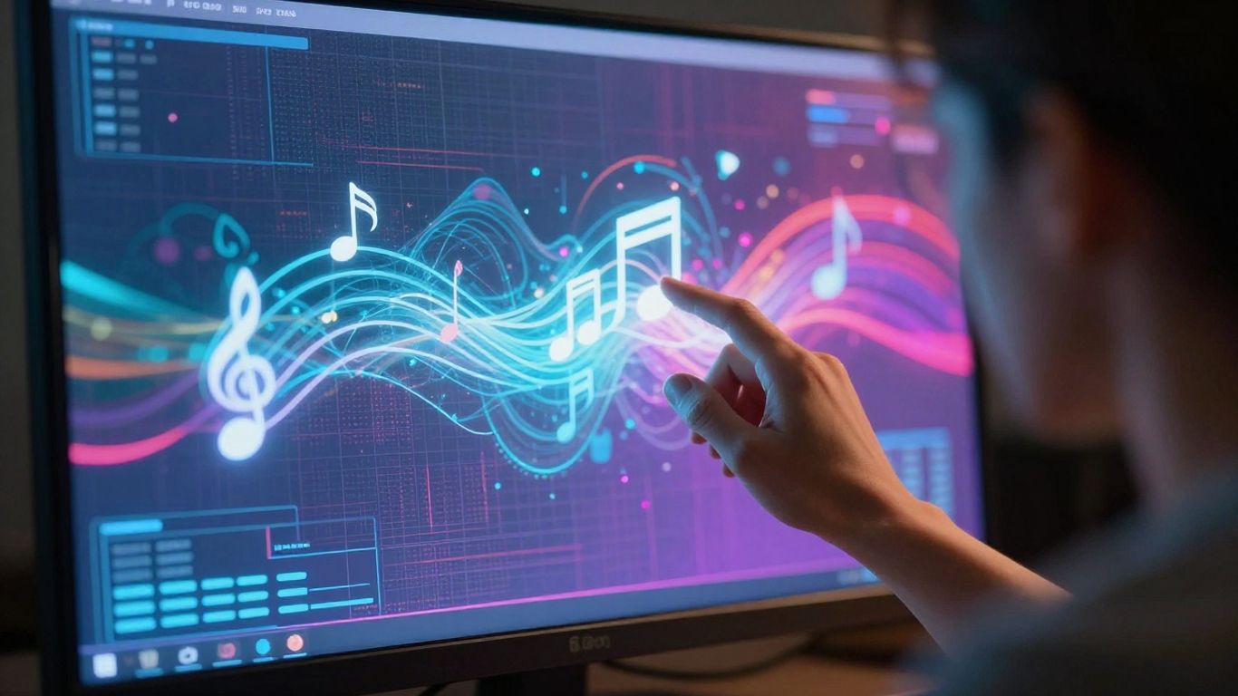 AI song creation interface with musical elements.