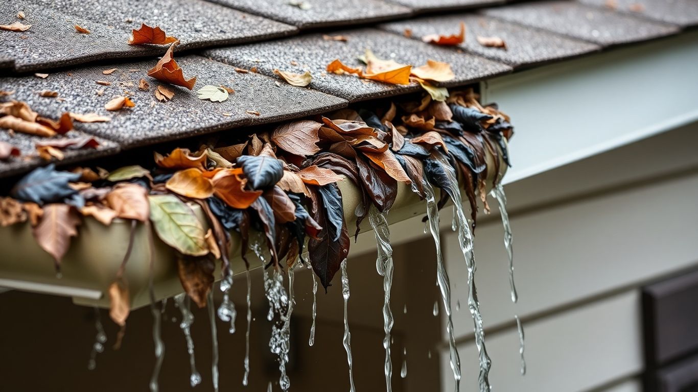 Clogged gutter overflowing with leaves near roofline.