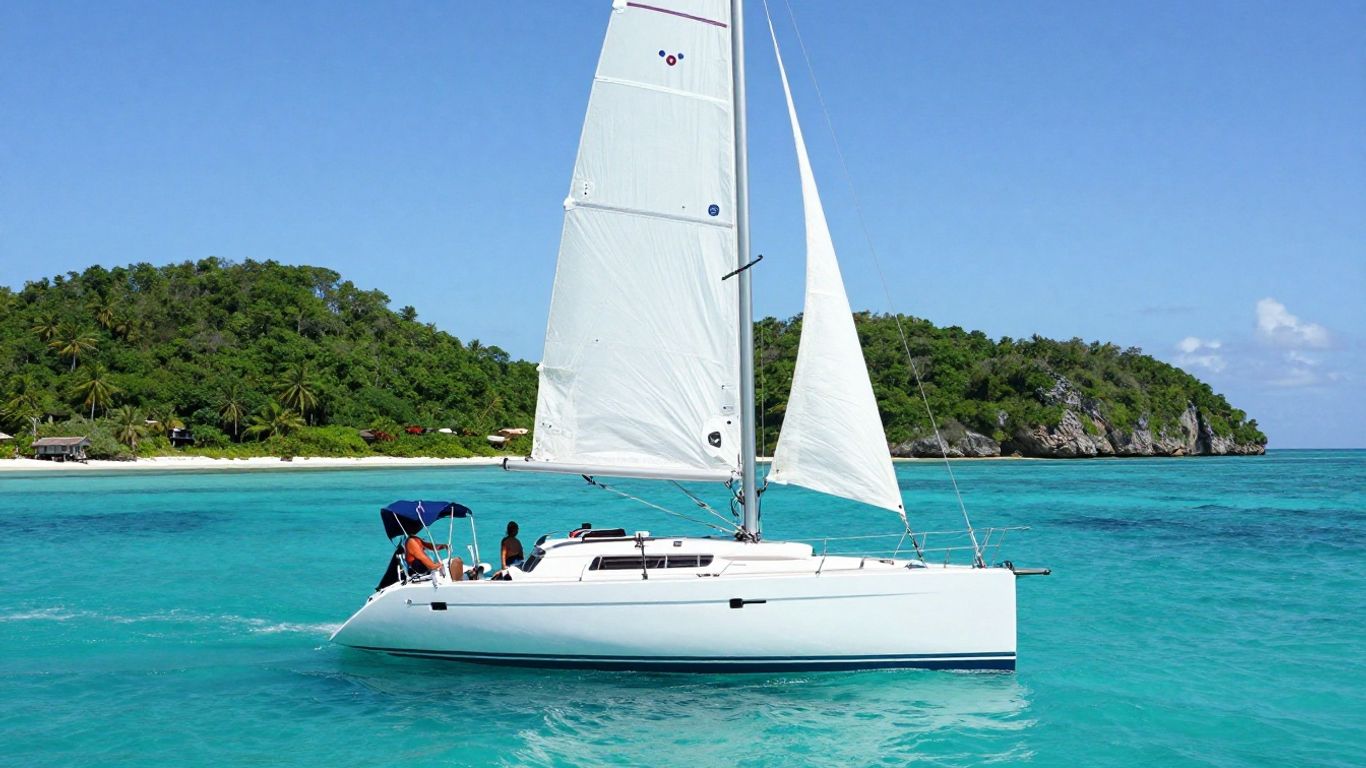 Sailboat on turquoise water near Belize islands.