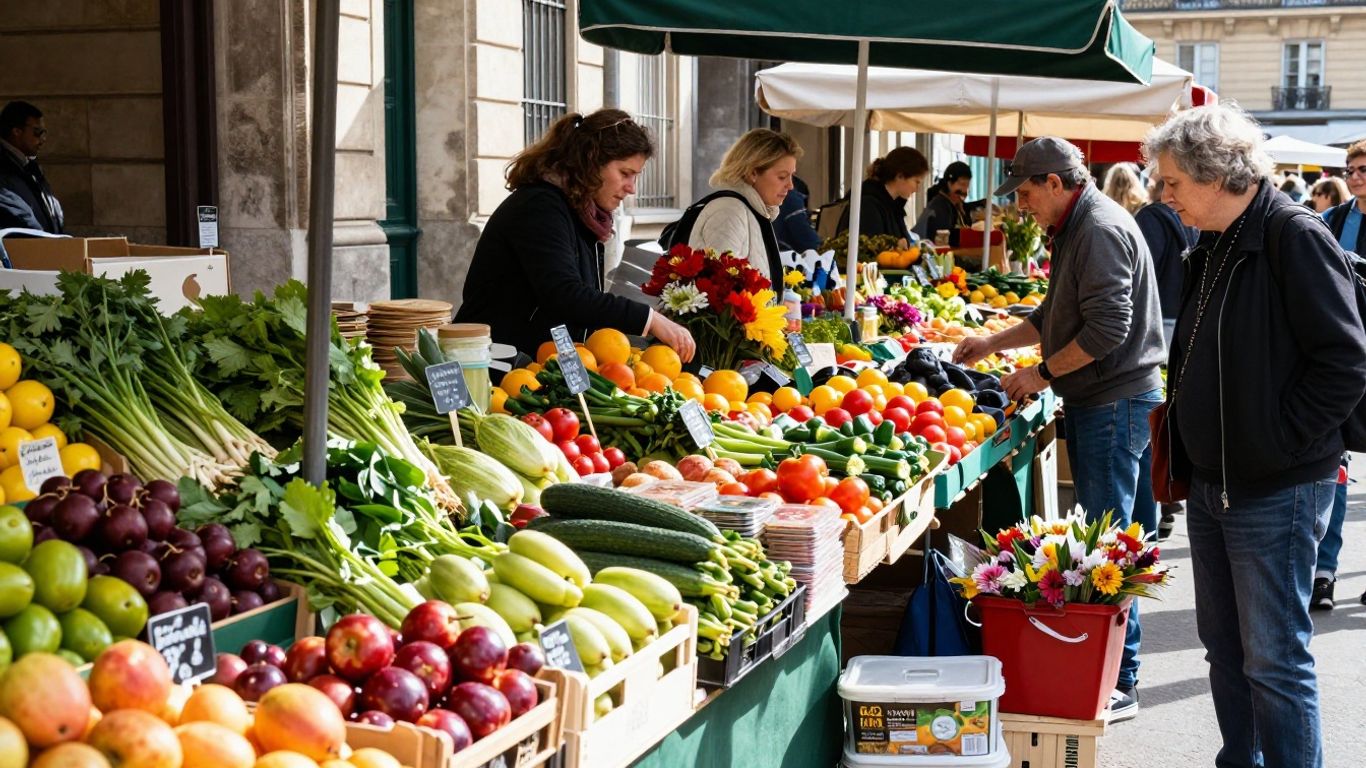 Colorful produce and flowers at a bustling outdoor French market.