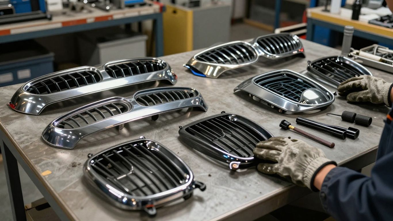 Used BMW grilles arranged in an organized parts facility