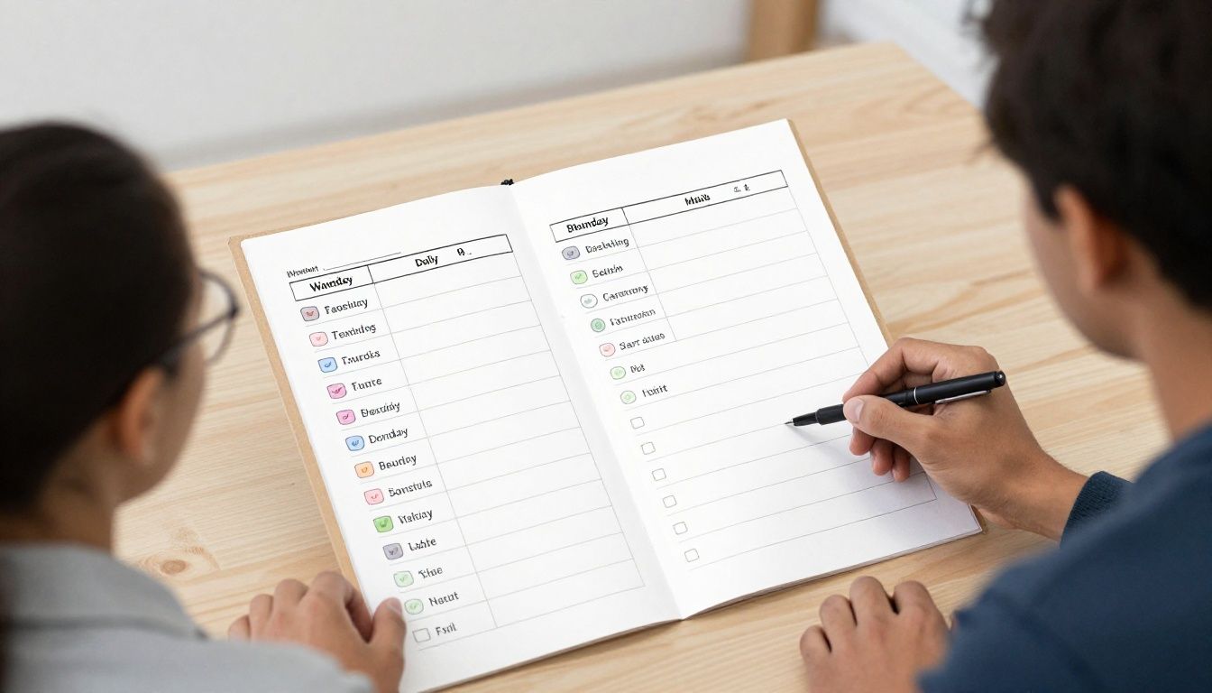 A diverse group of driven professionals organizing a balanced weekly plan with task cards, a daily routine schedule, and habit cues in a bright modern workspace, no readable text