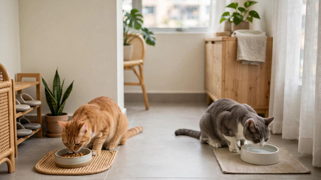 Separate cat bowls placed in different quiet areas