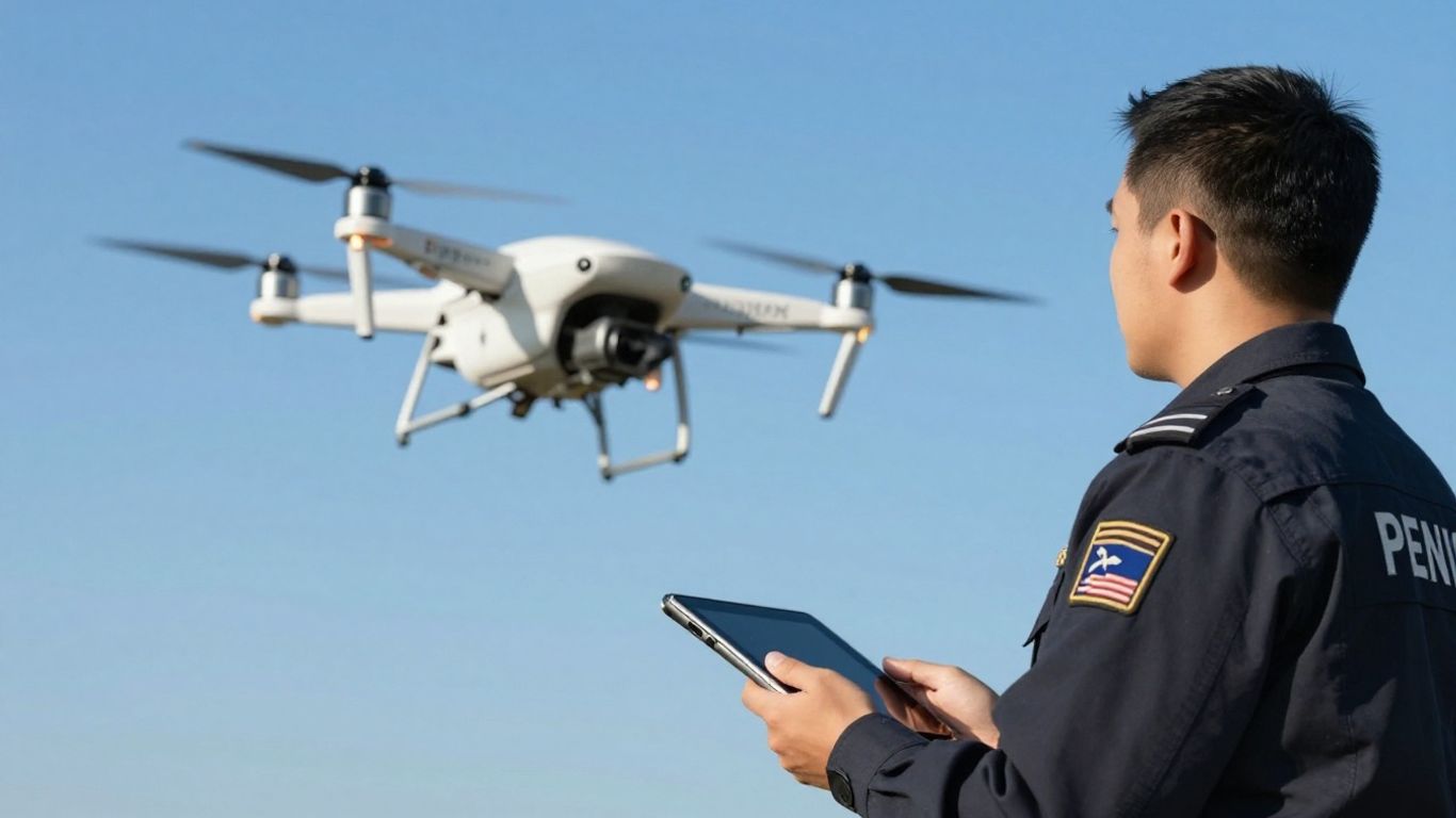 Drone pilot and drone ready for flight training.