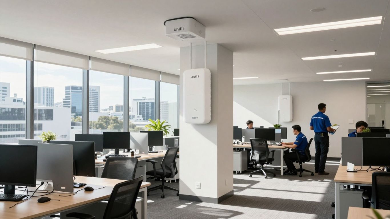 UniFi WiFi installation in a modern Brisbane office.