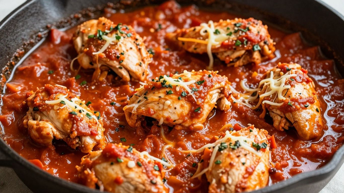Skillet chicken marinara in a cast-iron pan.