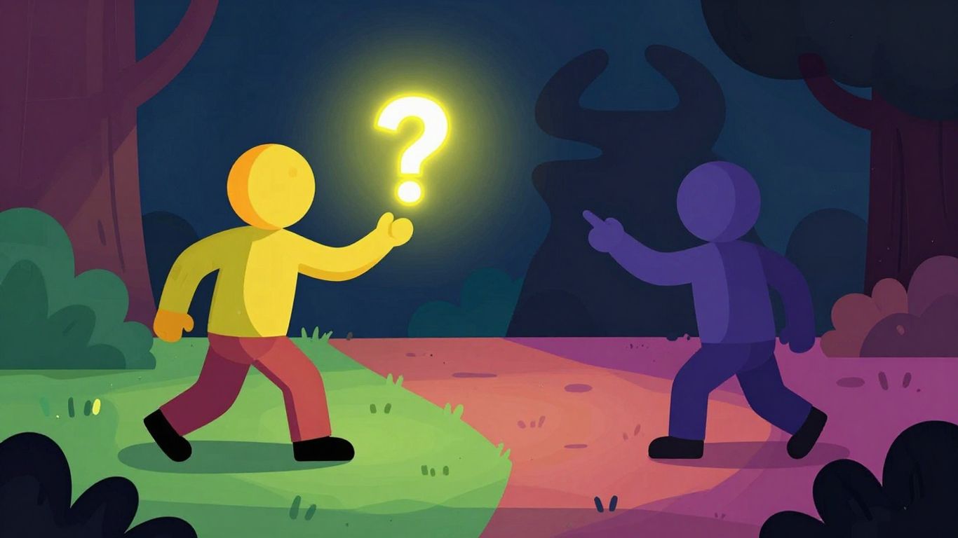 Couple navigating relationship challenges with a glowing question mark.