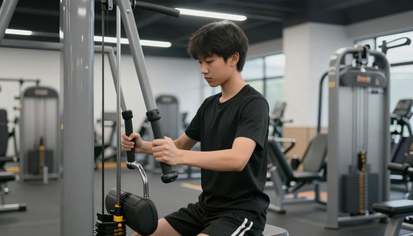 Teenager using gym equipment, starting fitness journey.