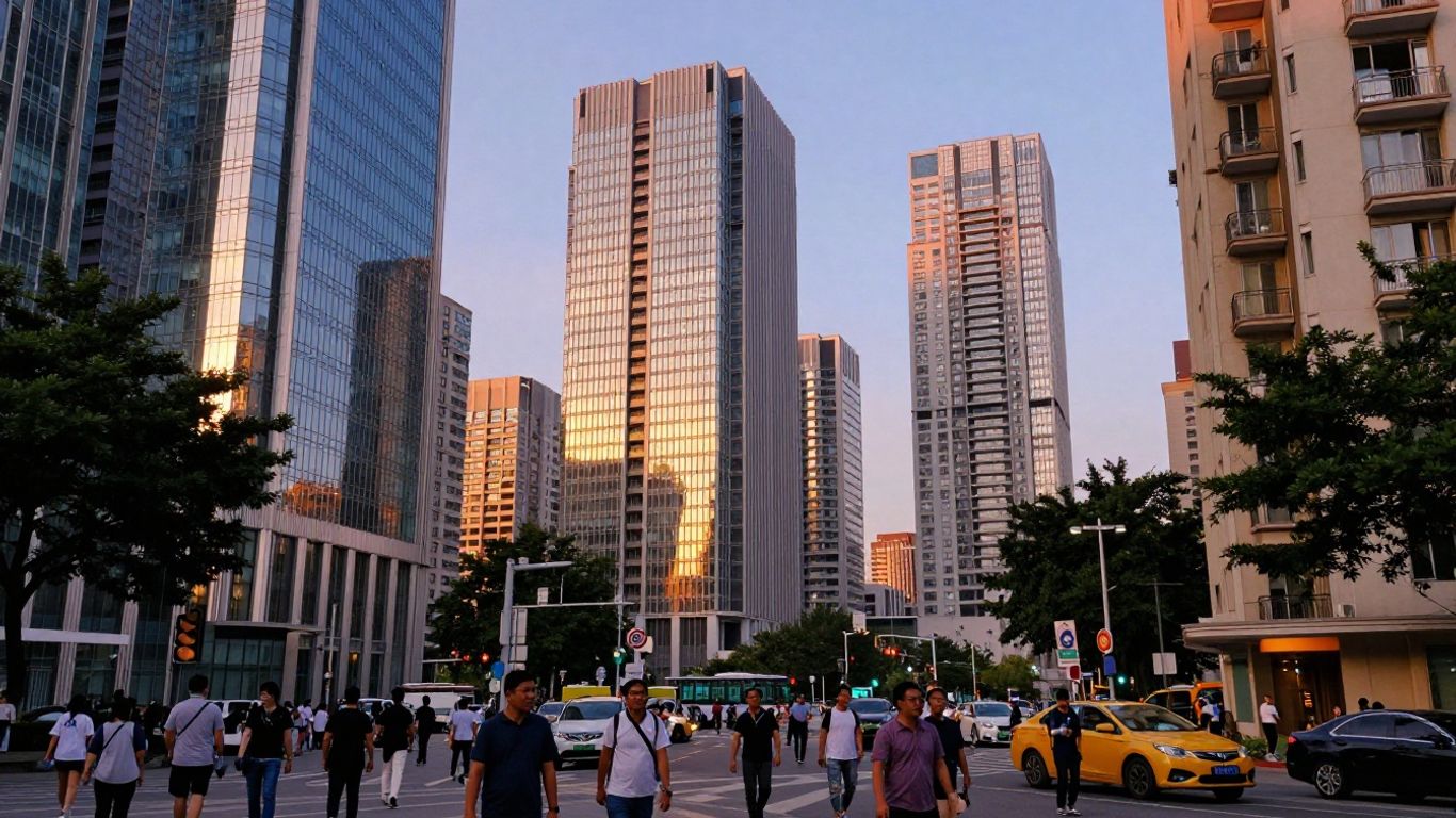 Città moderna con grattacieli e persone che camminano.