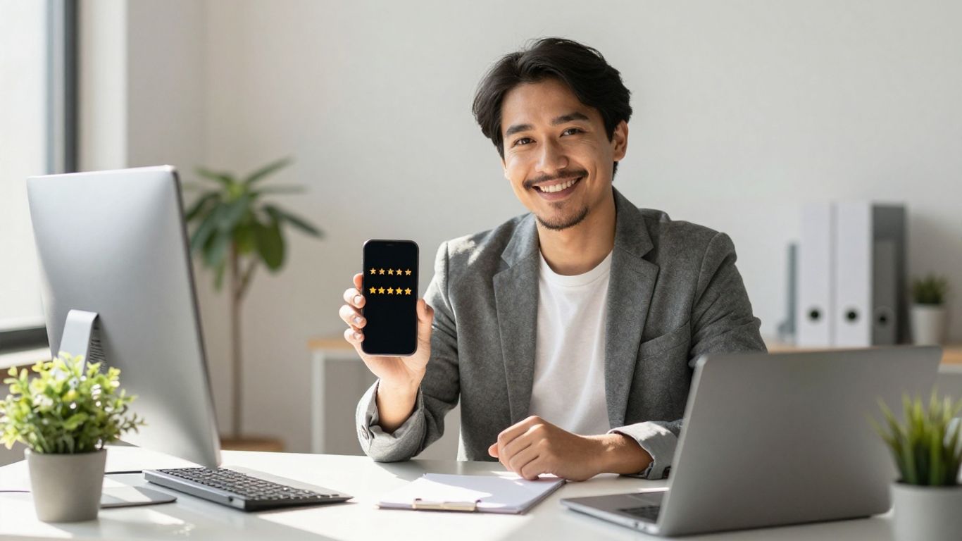Business owner with a five-star review on a smartphone.