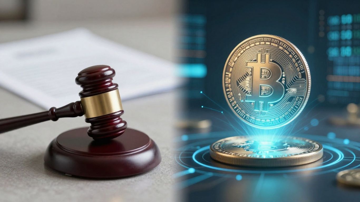 Cryptocurrency coin and legal gavel for divorce assets.