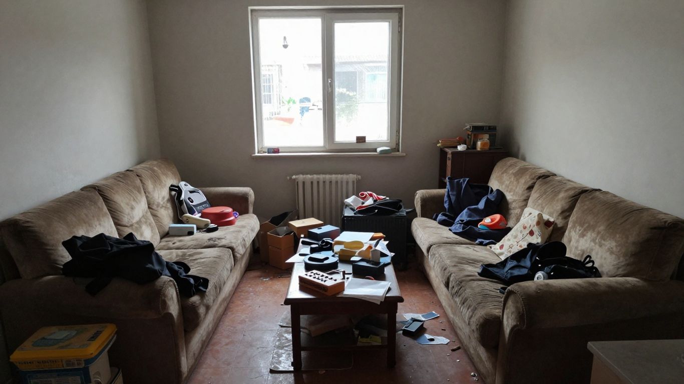 Cluttered Airbnb living room with mismatched furniture and worn decor.