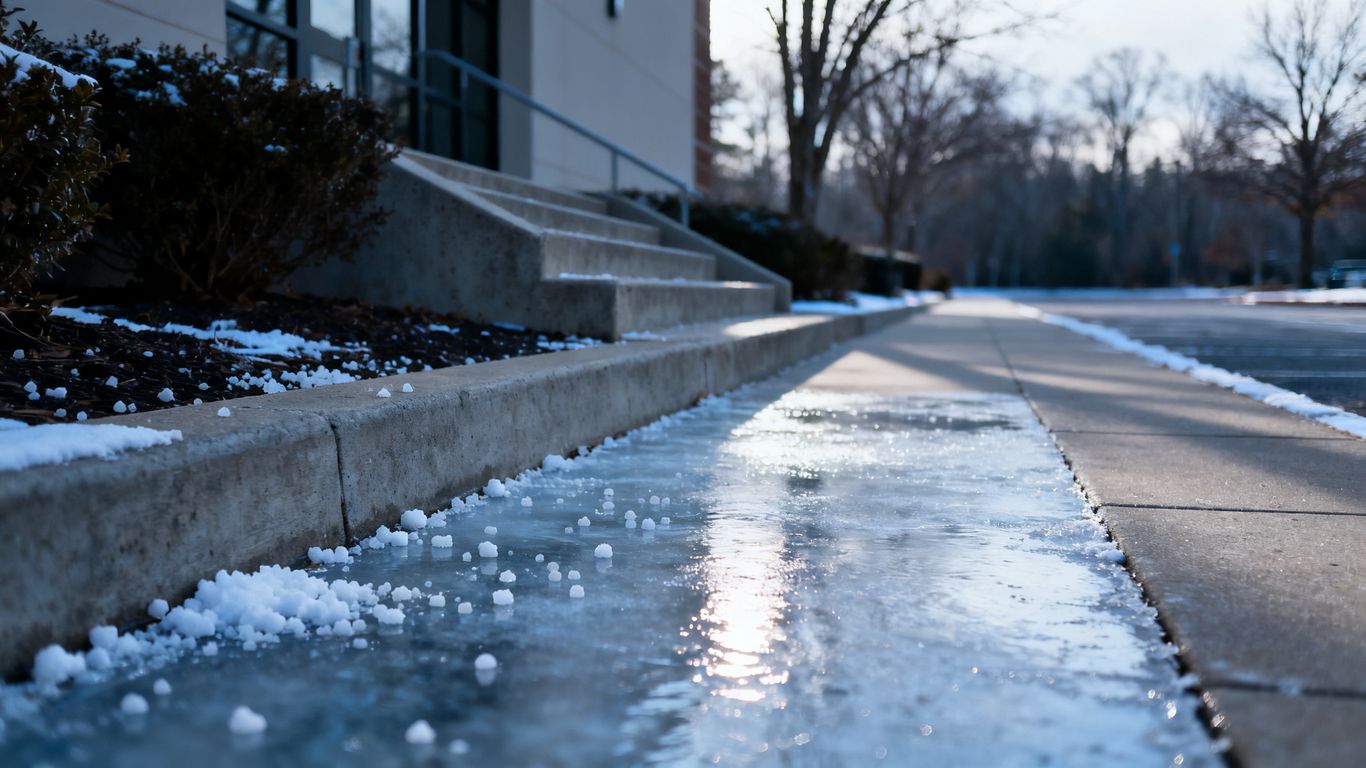Icy Marietta walkway beside commercial entrance
