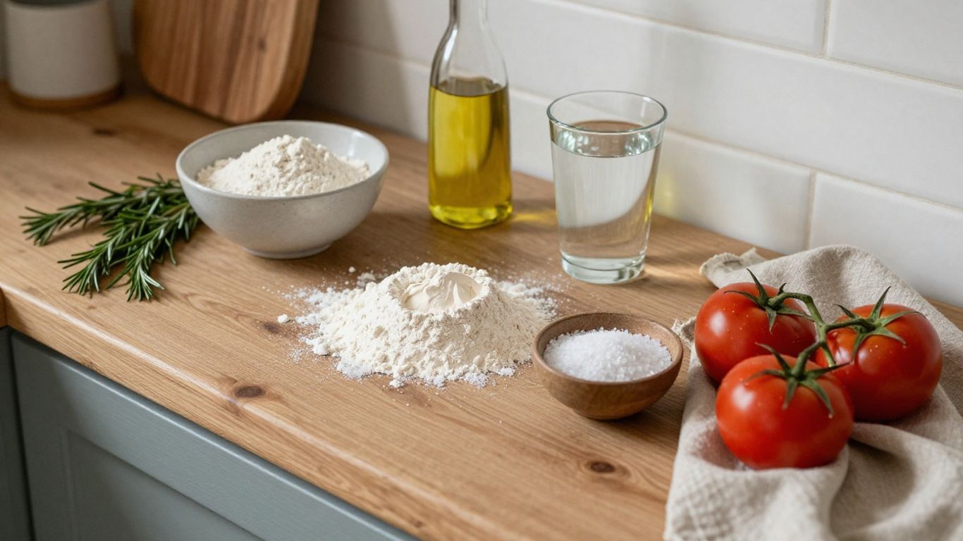 Bowl of focaccia ingredients on kitchen counter