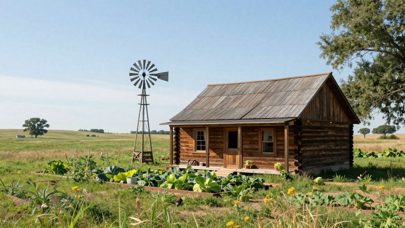 Kansas off-grid cabin and prairie landscape