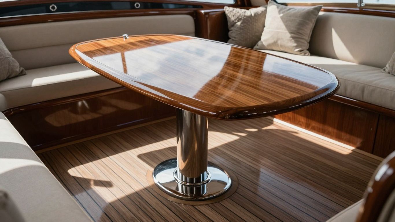 Houten sloep tafeltje op een bootdek met zitje.