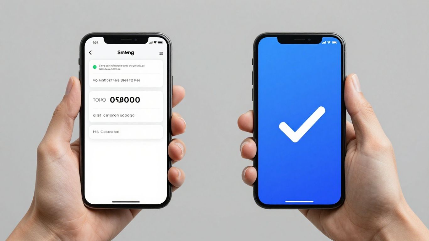 Smartphone showing SMS code versus authentication app with checkmark.