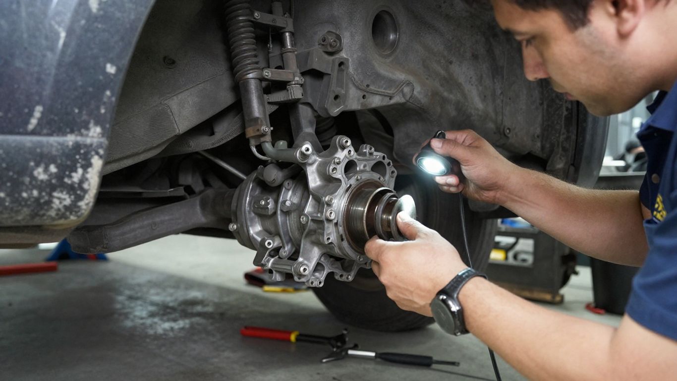 A mechanic inspecting a vehicle gearbox