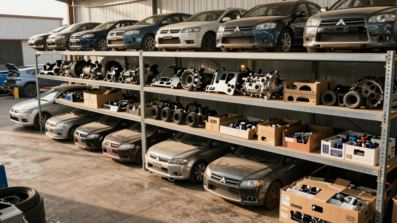 Mitsubishi parts arranged in a Newcastle wrecking yard