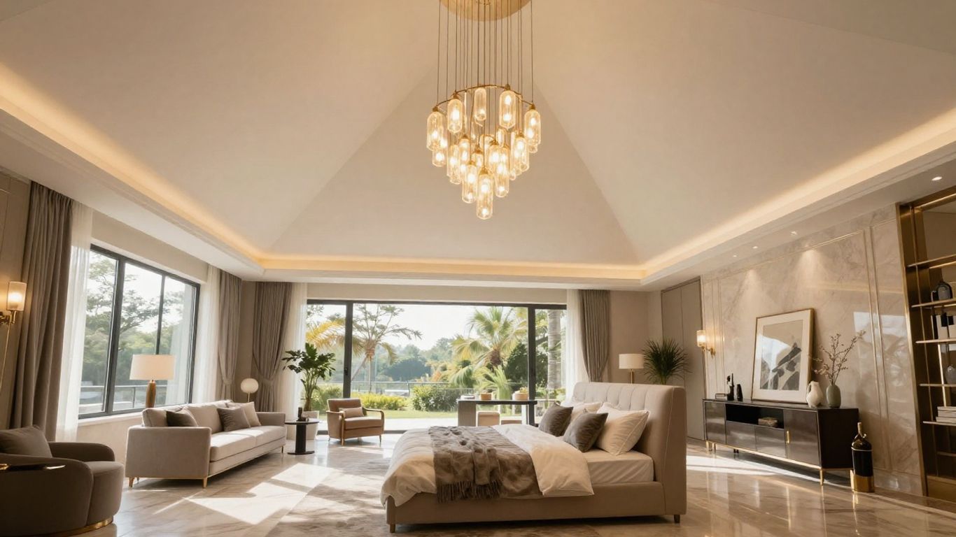 Bedroom with vaulted ceiling and pendant lighting.