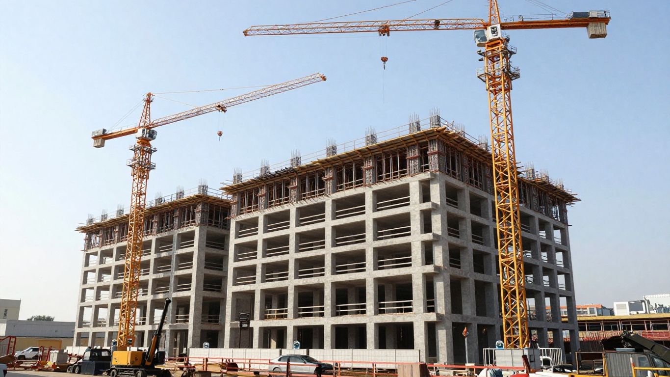 Modern construction site with cranes and heavy machinery.