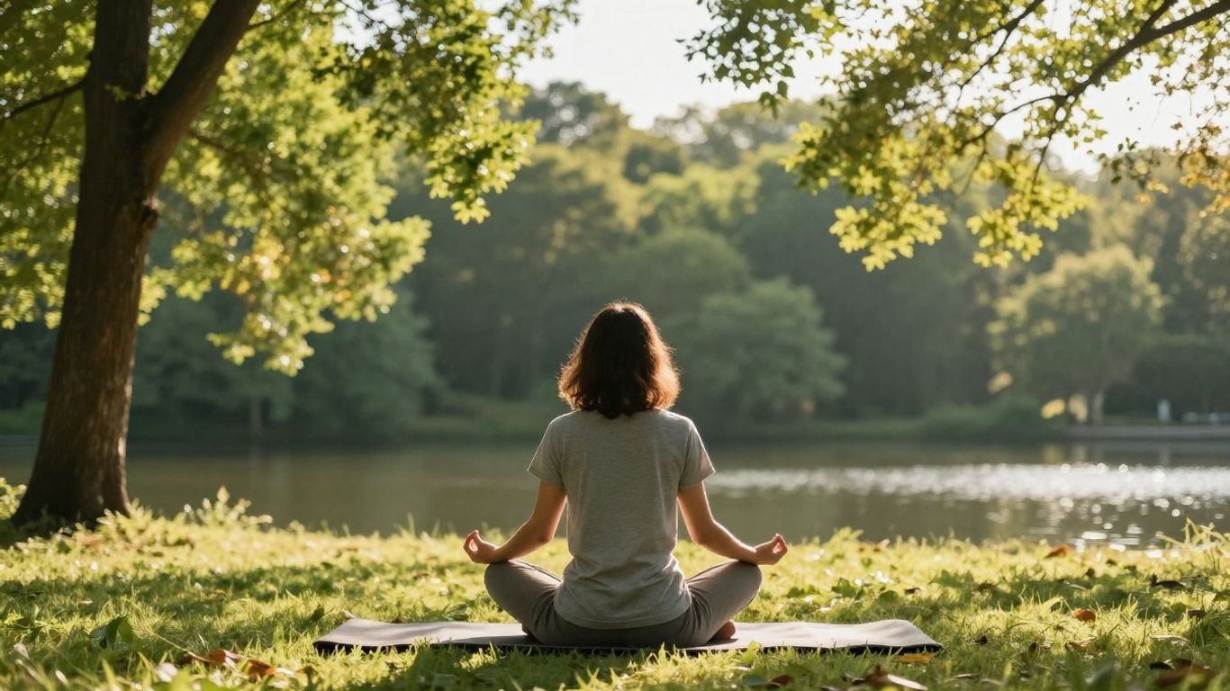 Person meditating peacefully outdoors with serene natural background.