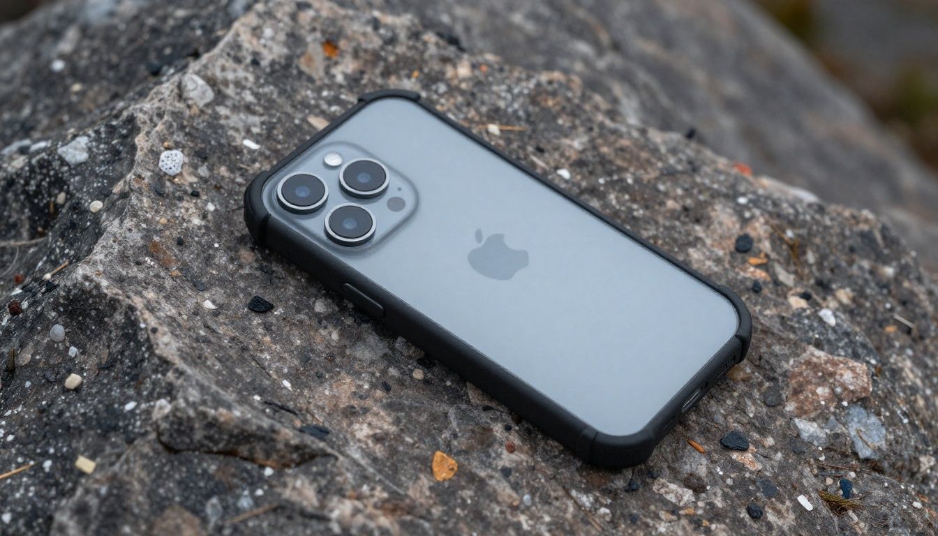 A person hiking in the Blue Mountains accidentally drops their iPhone 15 Pro, which is protected by a rugged case and bounces safely on a rock.