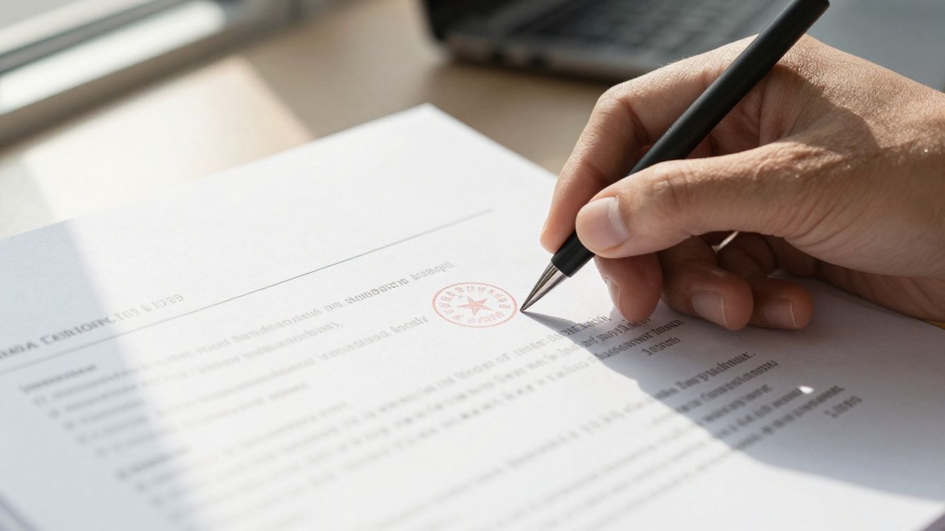 Document with official seals, hand holding paper, sunlight.