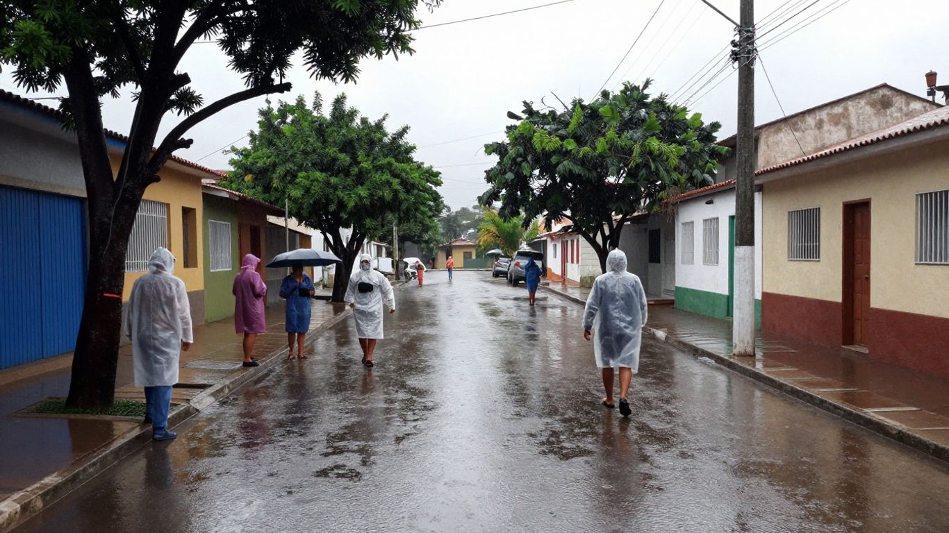 Rua urbana após chuva intensa, árvores e moradores
