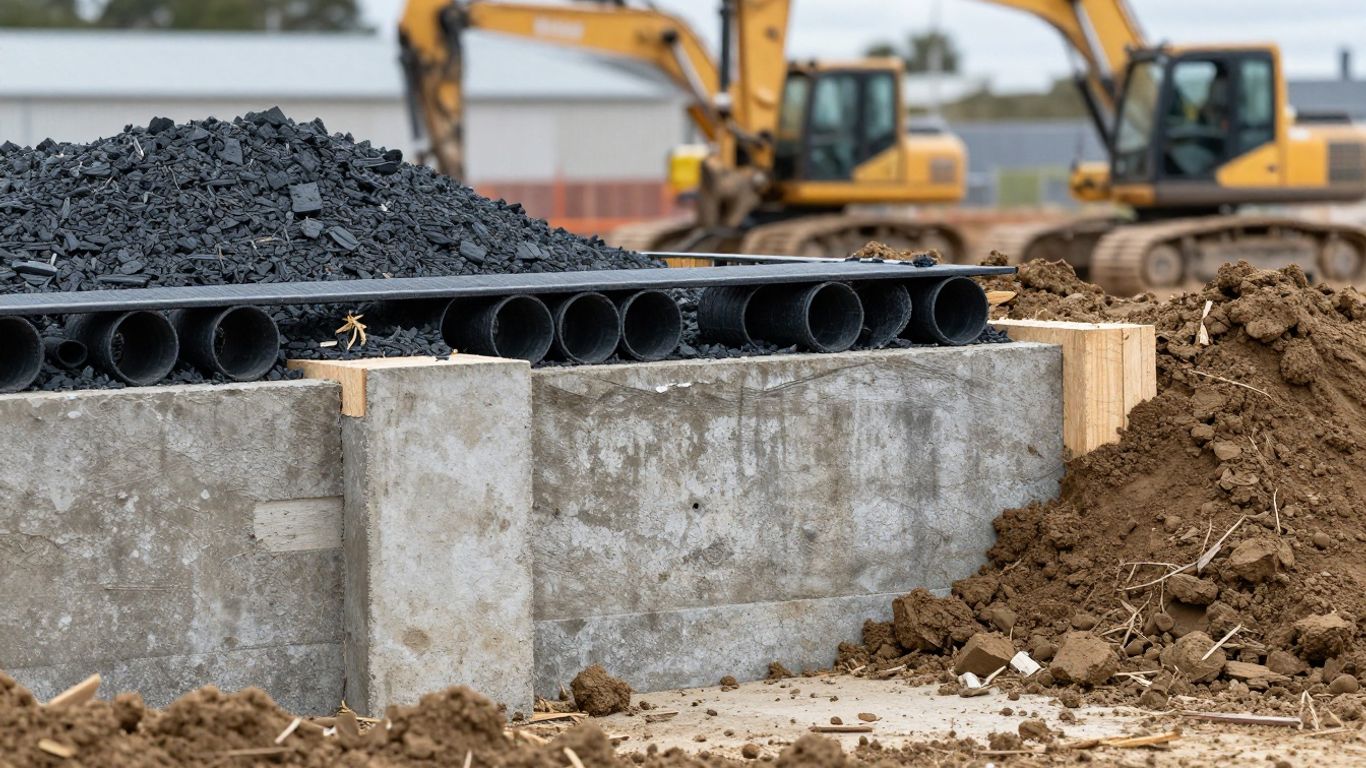 Drainage aggregate behind retaining wall foundation