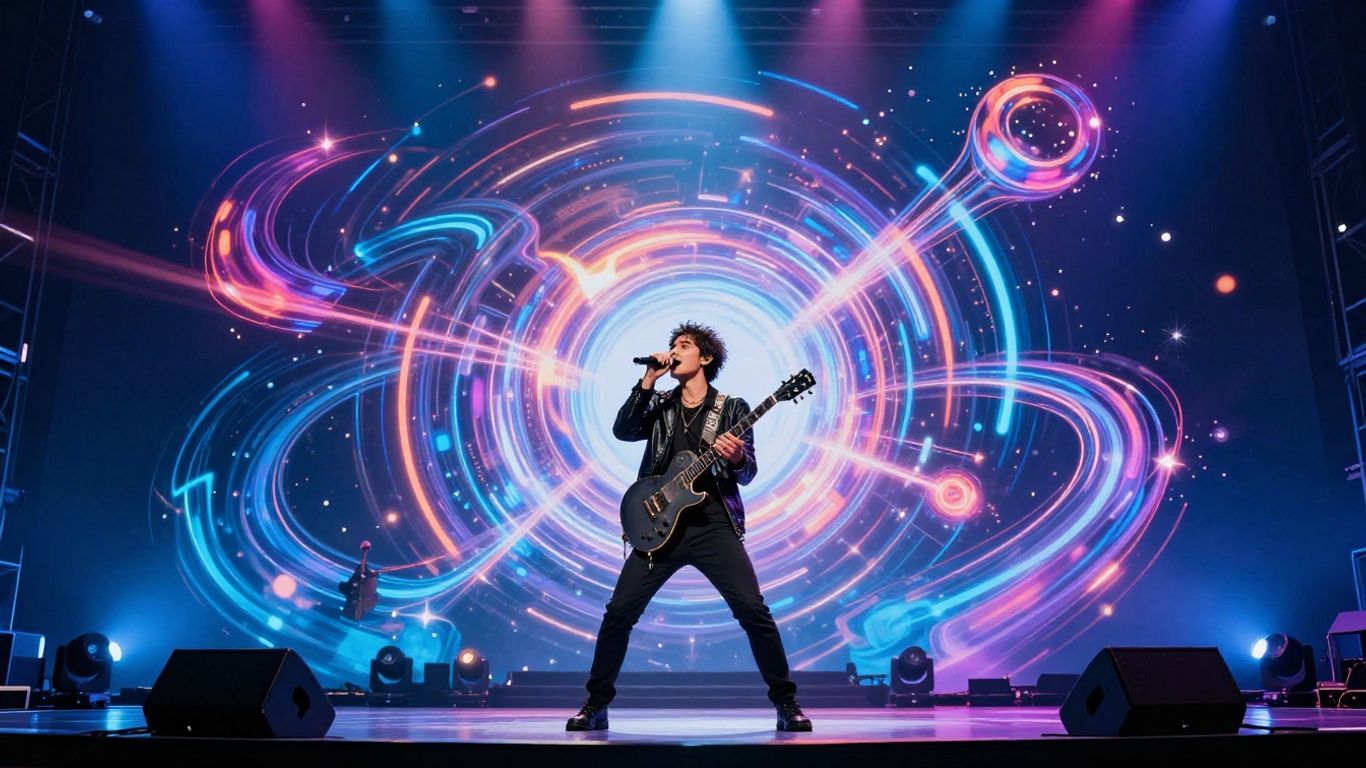 Musician performing with futuristic AI-generated visuals.