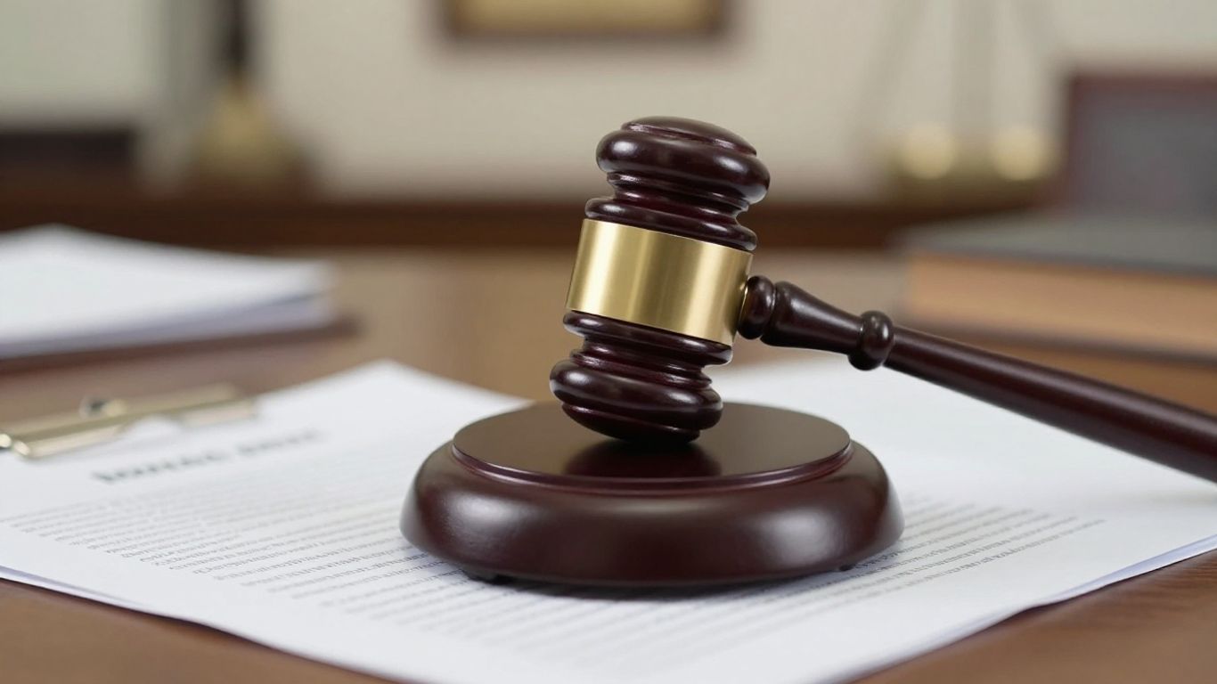 Gavel on legal documents, courthouse background.