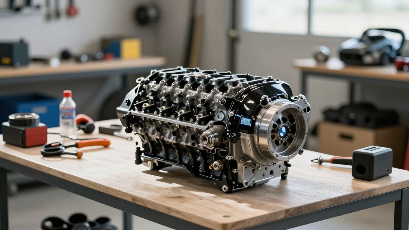 Used BMW engine in a workshop setting.