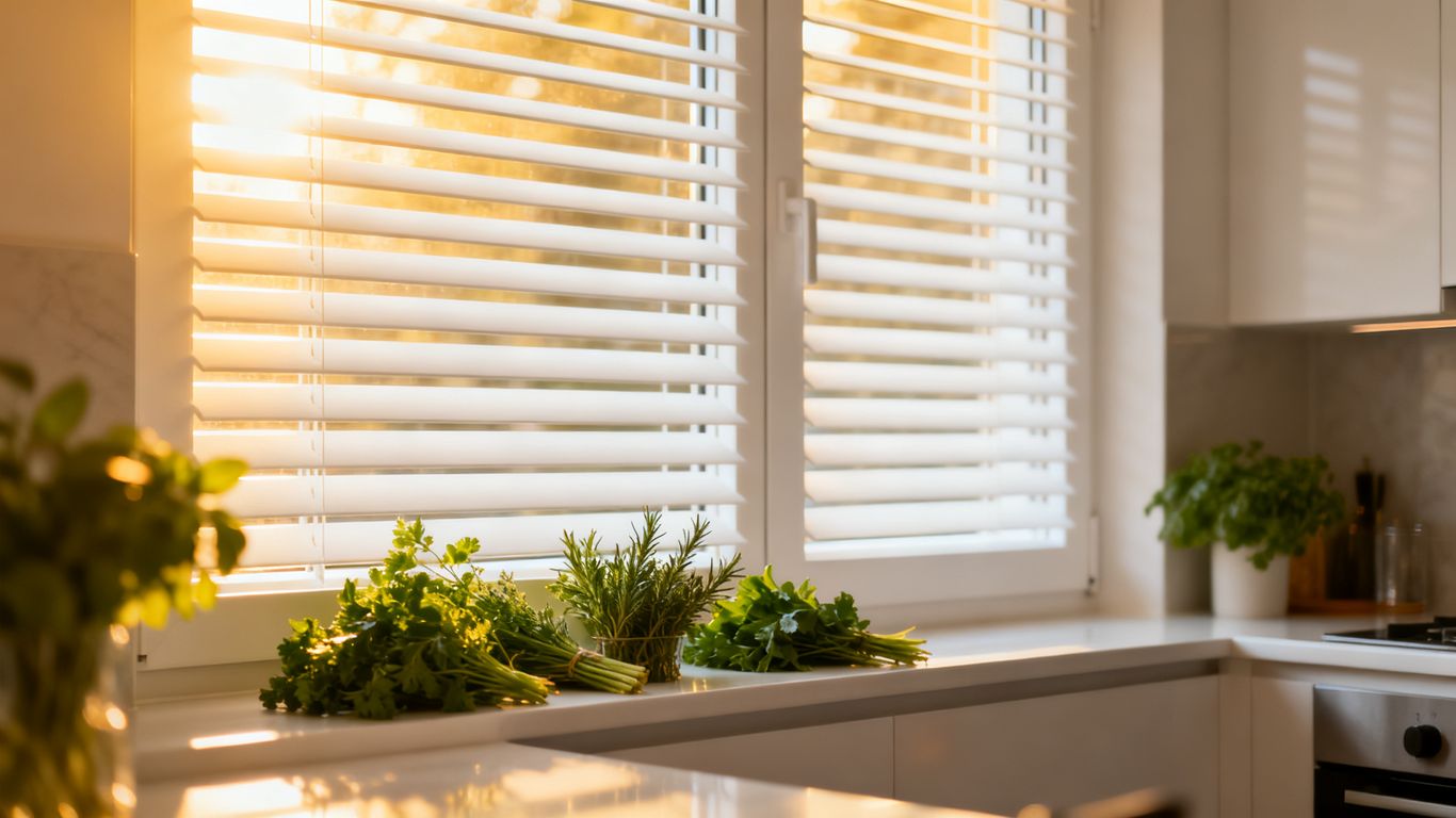 Kitchen window with bright white shutters and herbs.