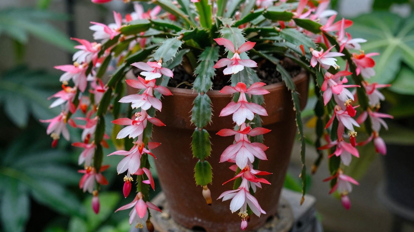 Schlumbergera Truncata con flores rosas y tallos planos.