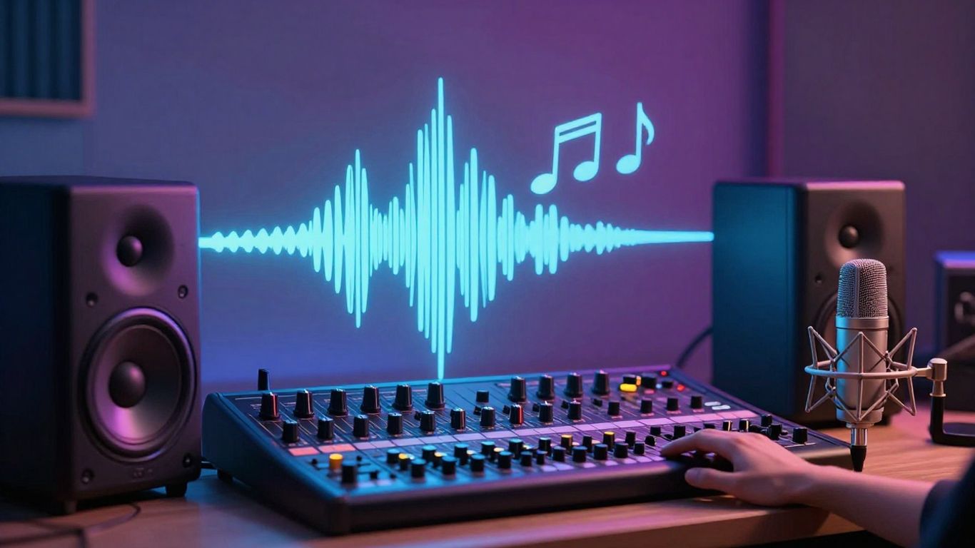 AI music production studio with sound waves and microphone.