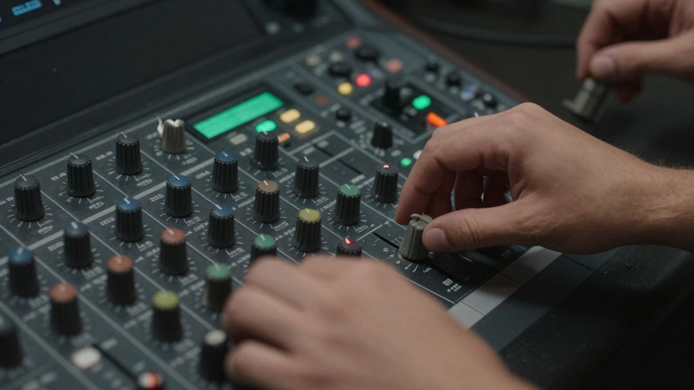 Sound engineer adjusting mixing console, focusing on low-end frequencies.
