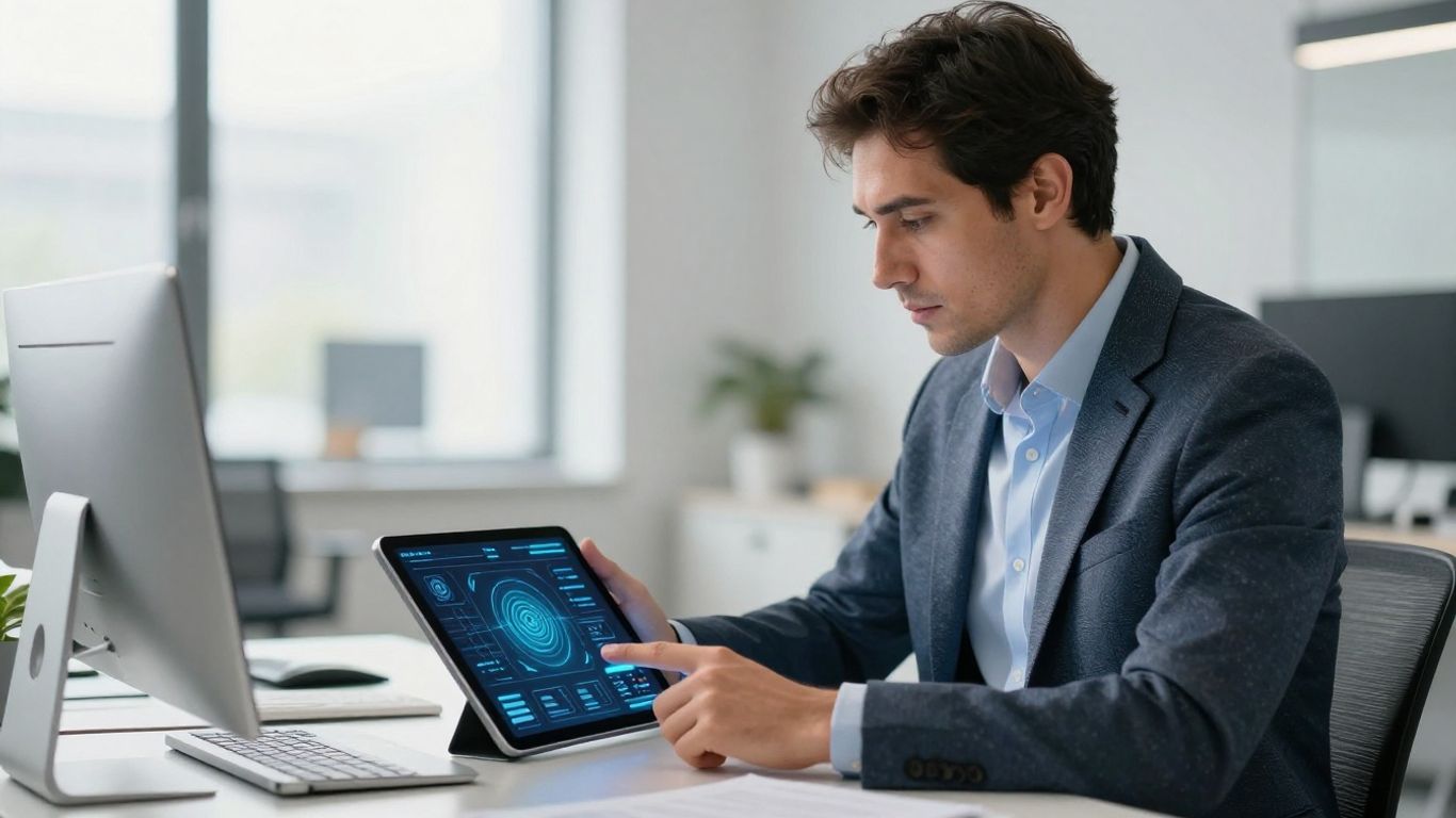 Mann im Büro mit Tablet und blauen Akzenten.