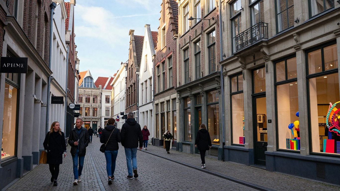 Straatbeeld in Maastricht met winkels en mensen