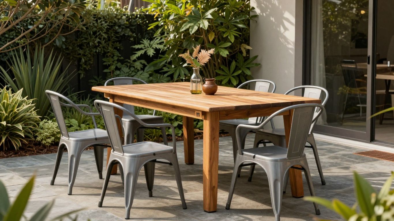Sunlit outdoor dining table with mixed materials