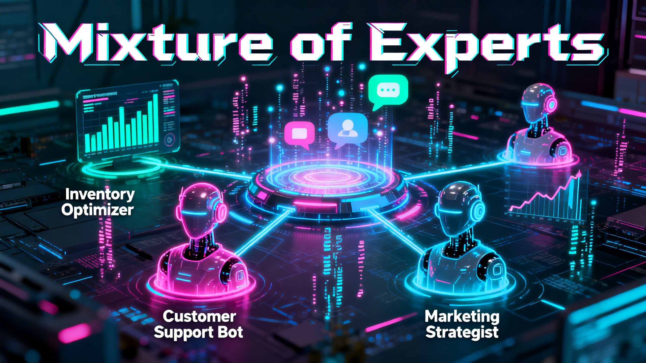 A futuristic concept image of multiple specialized AI agents working together to manage an eCommerce store, illustrating the Mixture of Experts concept.