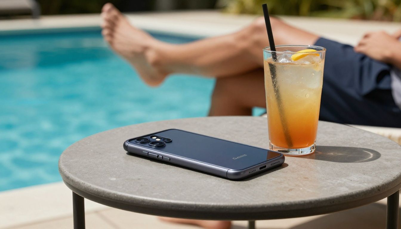 Someone relaxing by a pool in Queensland, their Galaxy S26 Ultra in a waterproof case resting on a nearby table next to a drink.