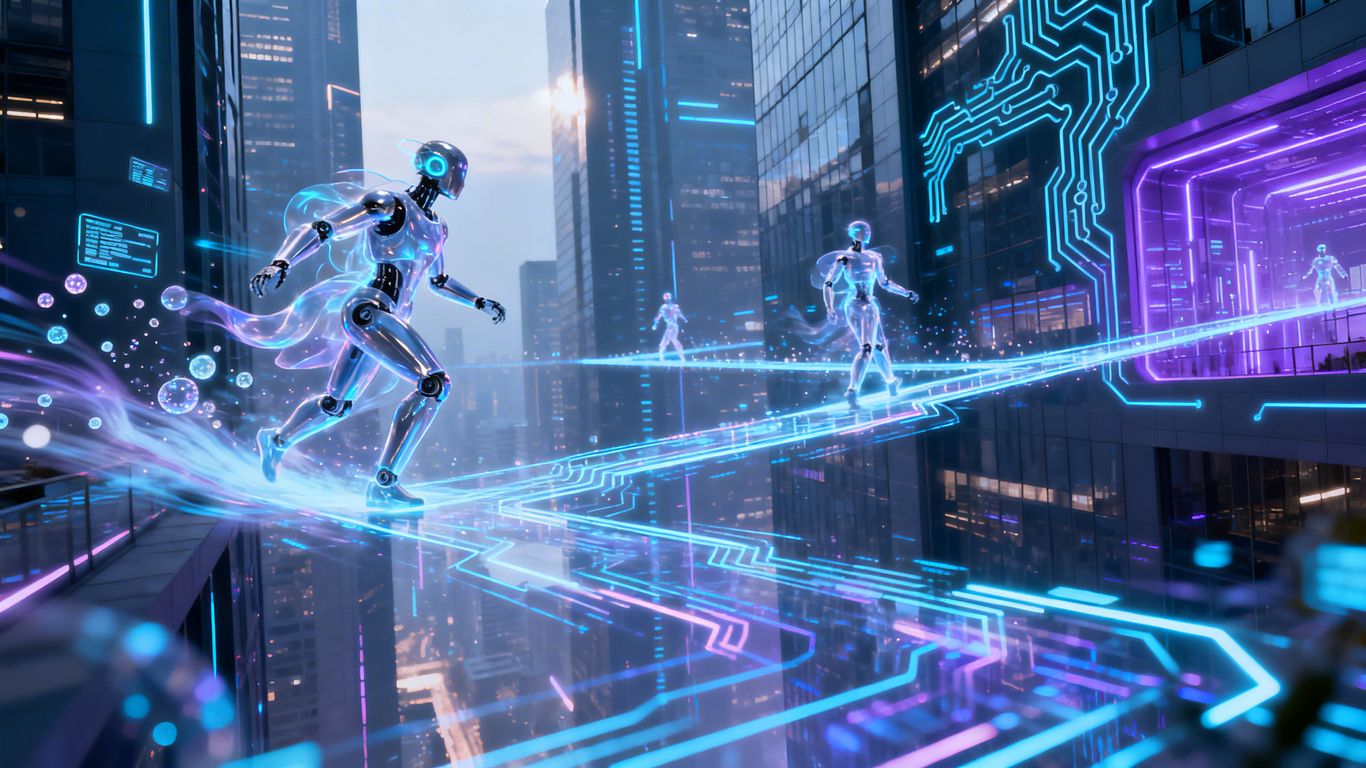 AI bots navigating a digital cityscape