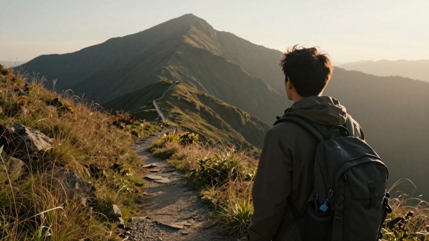 Person at crossroads looking towards a distant mountain peak.